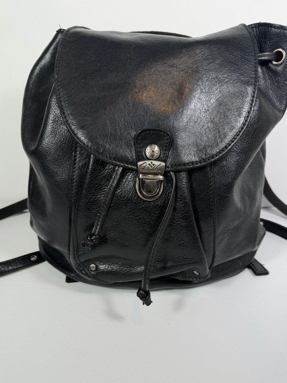 Patrica Nash black leather drawstring backpack